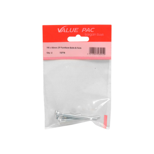 M6 x 60mm ZP Furniture Bolts & Nuts 2pk
