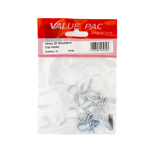 19mm ZP Shouldered Cup Hooks (Pack of 16)