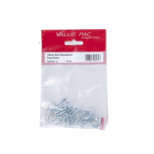19mm ZP Shouldered Cup Hooks (Pack of 16)