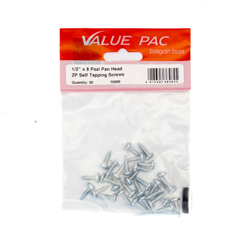 1/2" x 8 Pozi Pan Head ZP Self Tapping Screws 30pk