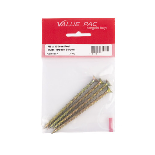 M6 x 100mm Pozi CSK Multi Purpose Screws (Pack of 4)