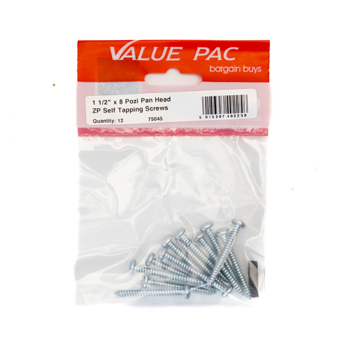 1 1/2" x 8 Pozi Pan Head ZP Self Tapping Screws (Pack of 12)