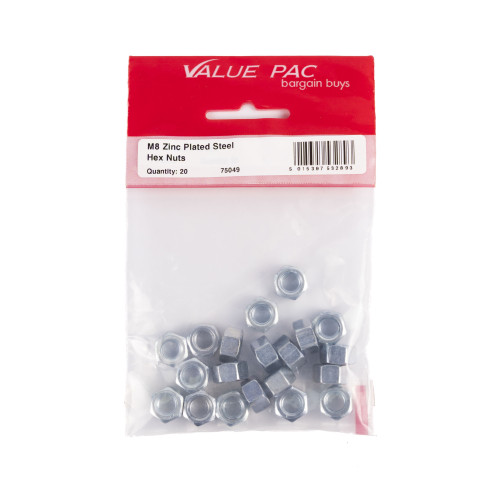 M8 ZP Steel Hex Nuts 20pk