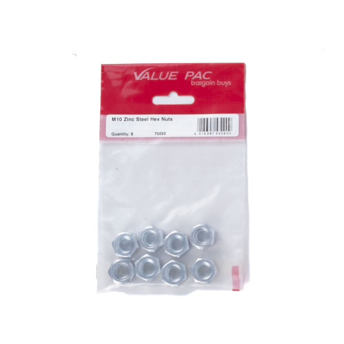 M10 ZP Steel Hex Nuts 8pk