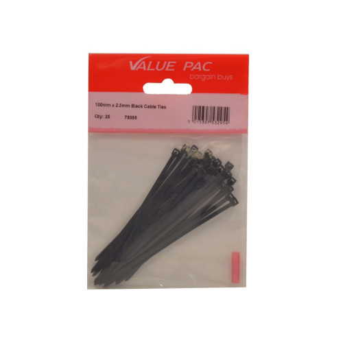 100mm x 2.5mm Black Cable Ties 25pk