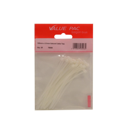 100mm x 2.5mm Natural Cable Ties 25pk