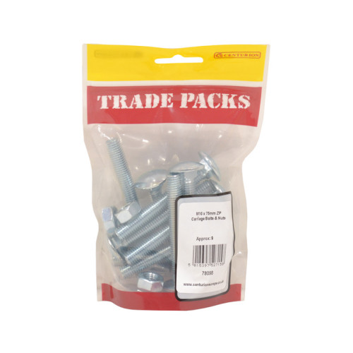 Carriage Bolts & Nuts Small, ZP, M10 x 75mm 