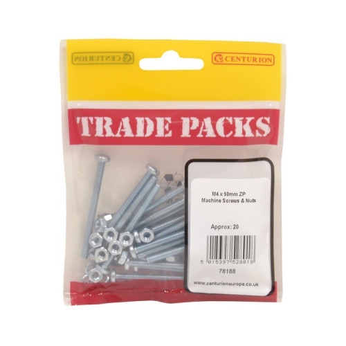 Machine Screws & Nuts - Zinc Plated - M4 x 50mm - (20 PK)