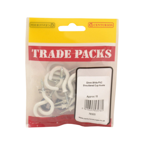 Shouldered Cup Hooks, White PVC, 32mm