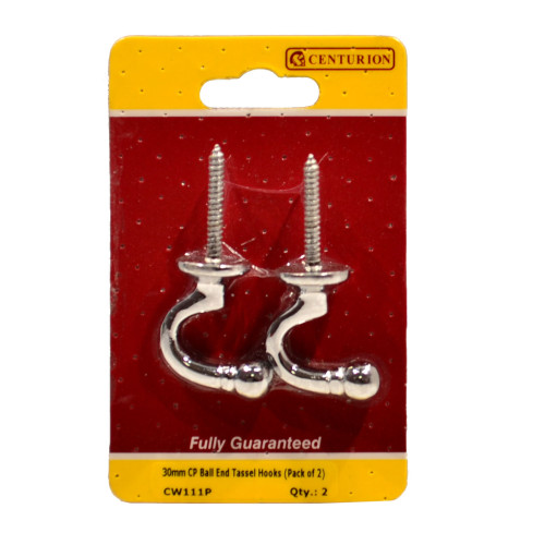 Centurion Solid Brass Ball End Tassel Hooks, 30mm, Chrome Plated