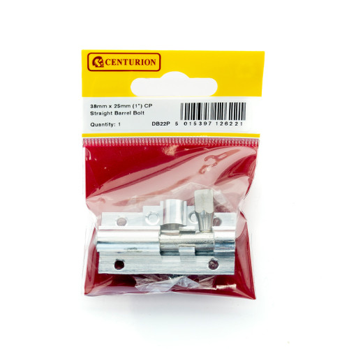 Straight Solid Brass Barrel Bolts, Polished Chrome, pkg, 25mm x 38mm