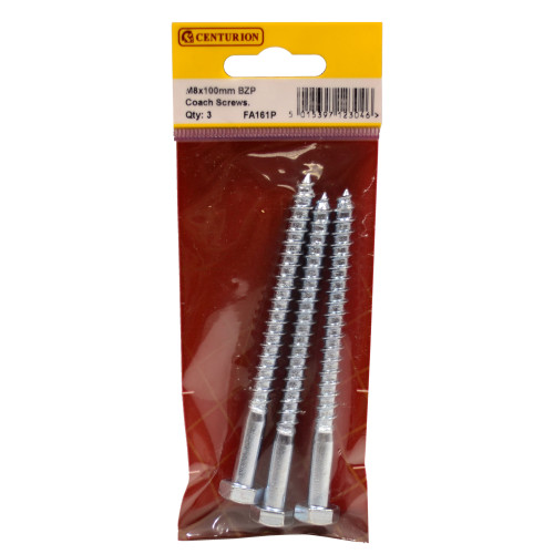 Centurion M8 x 100mm ZP Coach Screws (Pack of 3), FA161P