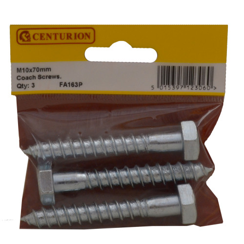 Coach Screws, M10 x 70mm, Zinc Plated