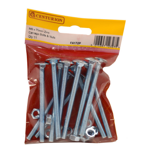 M6 x 75mm ZP Small Carriage Bolts & Nuts (Pack of 11)