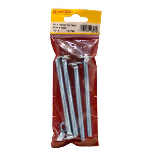 M8 x 100mm ZP Small Carriage Bolts & Nuts (Pack of 4)