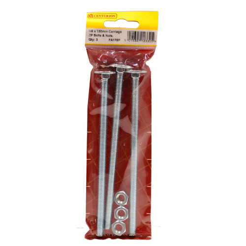 M8 x 150mm ZP Small Carriage Bolts & Nuts (Pack of 3)