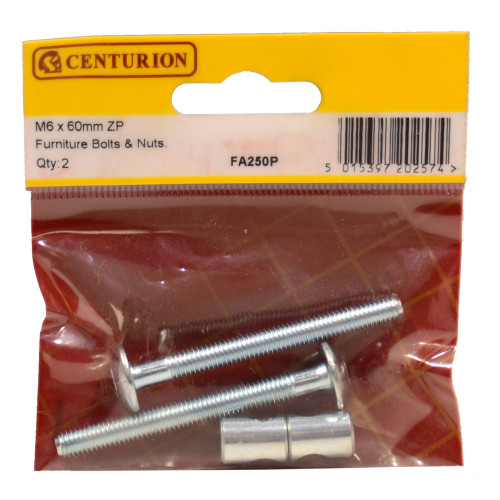Centurion Furniture Bolts and Nuts, M6 x 60mm, Zinc Plated