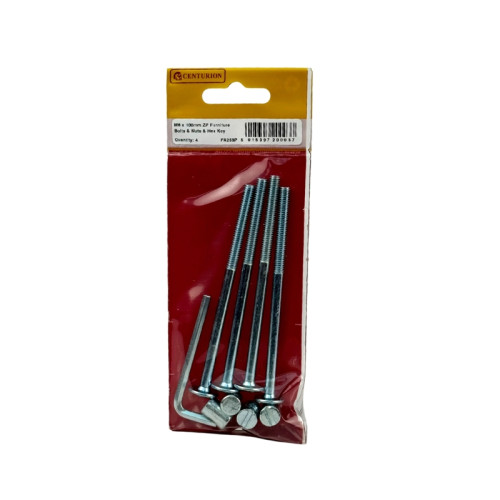 M6 x 100mm ZP Furniture Bolts & Nuts With Hex Key (Pack of 5)