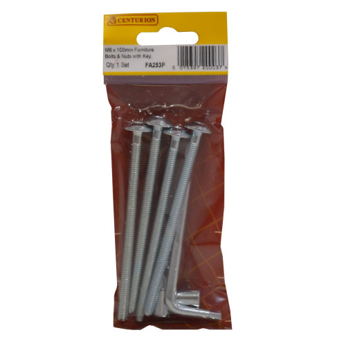 M6 x 100mm ZP Furniture Bolts & Nuts With Hex Key (Pack of 5)