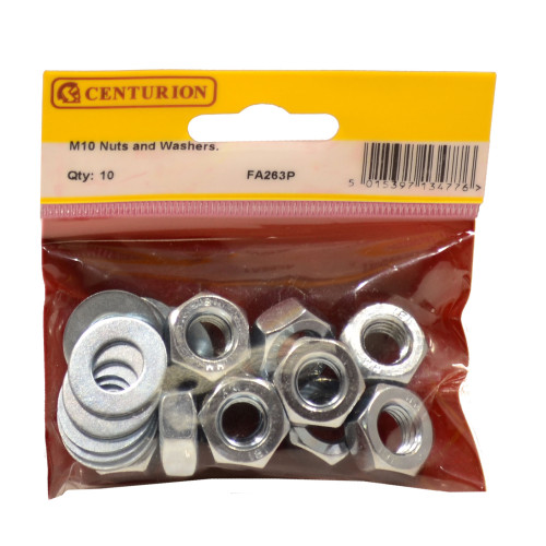 Centurion Steel Hex Nuts and Washers, M10, Zinc Plated