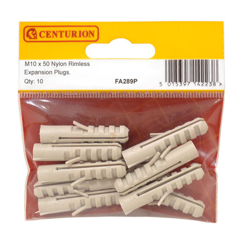 M10 x 50mm Nylon Rimless Expansion Plugs (Pack of 10)