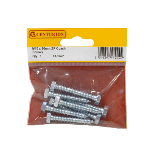 Coach Screws, M10 x 60mm, Zinc Plated