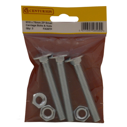 M10 X 75mm ZP Small Carriage Bolts & Nuts (Pack of 3)
