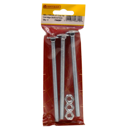 M8 x 130mm ZP Cup Sq Hex Carriage Bolts & Nuts (Pack of 3)