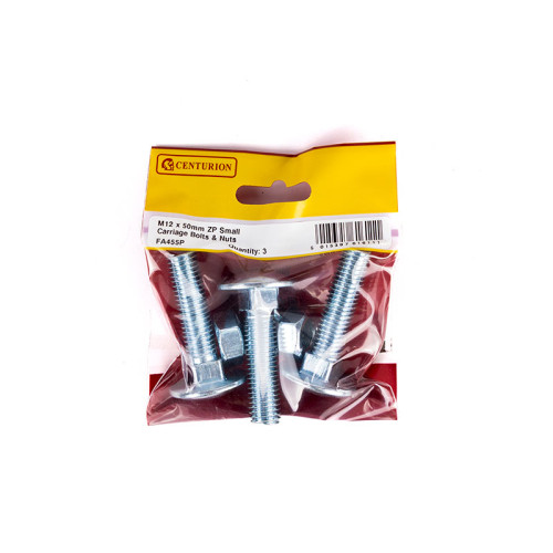 M12 x 50mm ZP Small Carriage Bolts & Nuts (Packs of 3)