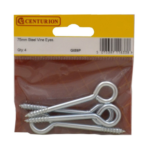 Screw In Steel Vine Eyes - Zinc Plated - 75mm x 12mm - (Pack of 4)