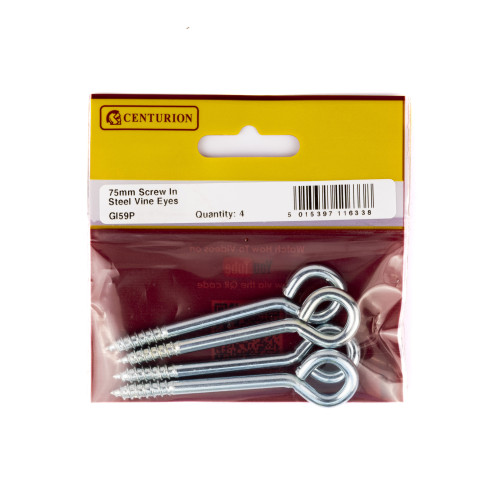 Screw In Steel Vine Eyes - Zinc Plated - 75mm x 12mm - (Pack of 4)