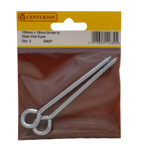 Screw In Steel Vine Eyes - Zinc Plated - 100mm x 18mm - (Pack of 2)