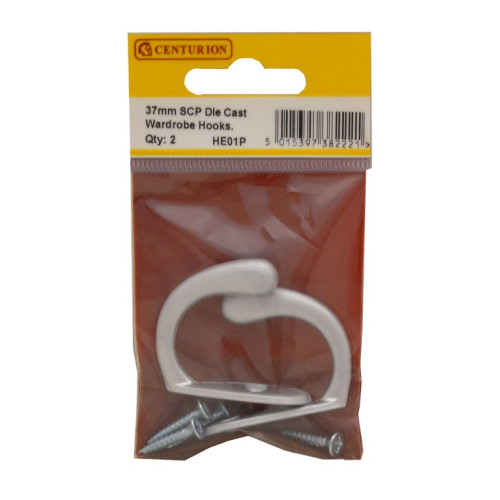 50mm Die Cast Single Wardrobe Hook - Satin Chrome - Pack of 2