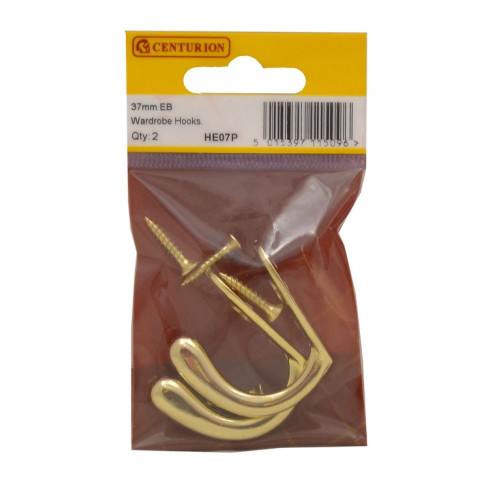 50mm Die Cast Wardrobe Hook - Brass - Pack of 2