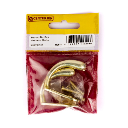 50mm Die Cast Wardrobe Hook - Brass - Pack of 2