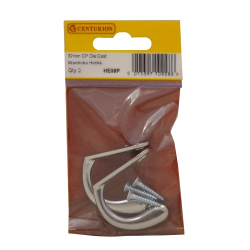 50mm Die Cast Single Wardrobe Hook - Chrome Plated - Pack of 2