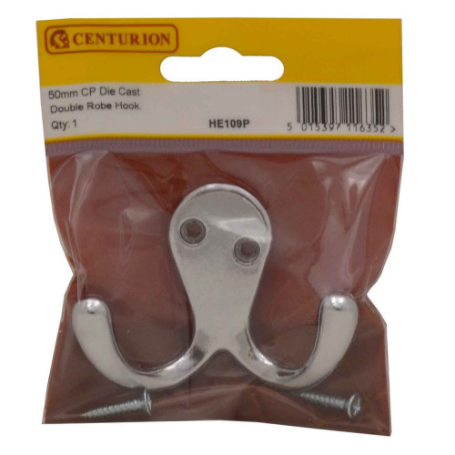 70mm Die Cast Double Robe Hook - Chrome Plated - Pack Qty 1