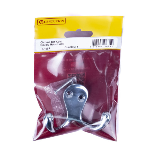 70mm Die Cast Double Robe Hook - Chrome Plated - Pack Qty 1