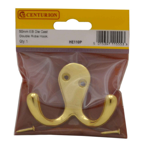 70mm Die Cast Double Robe Hook - Brass - Pack Qty 1