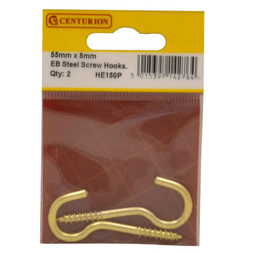 Steel Screw Hooks - Brass - 55mm x 8mm - (Pack of 2)
