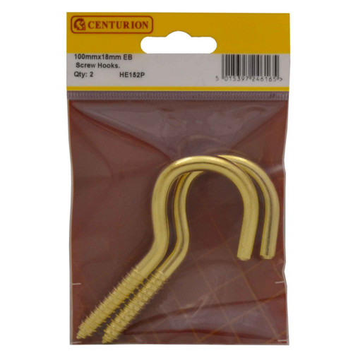 Steel Screw Hooks - Brass - 100mm x 18mm - (Pack of 2)