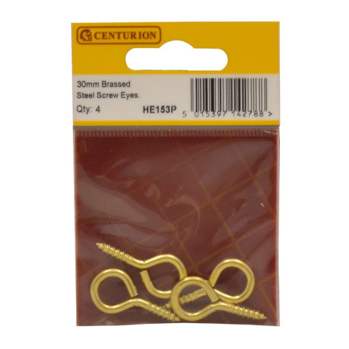 Steel Screw Eyes - Brass - 30mm x 6mm - (Pack of 4)