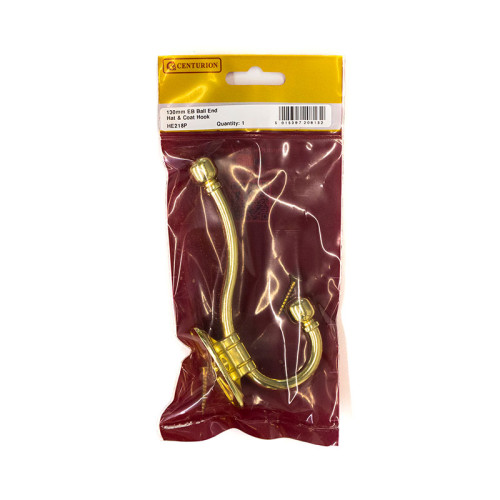130mm Premium Ball End Hat & Coat Hook - Brass - Pack Qty 1