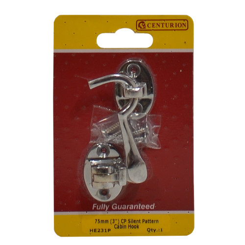 Silent Pattern Brass Cabin Hooks, Polished Chrome, 75mm