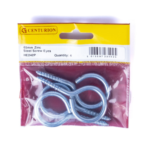 Steel Screw Eyes - Zinc Plated - 65mm x 6mm - (Pack of 4)