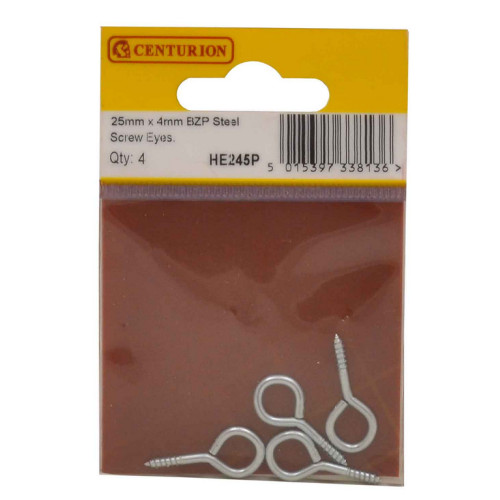 Steel Screw Eyes - Zinc Plated - 25mm x 4mm - (Pack of 4)