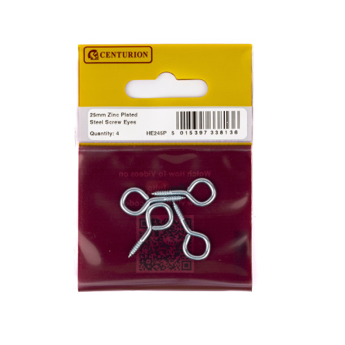 Steel Screw Eyes - Zinc Plated - 25mm x 4mm - (Pack of 4)