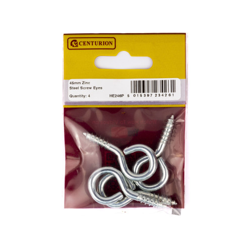 45 x 4.3mm ZP Steel Screw Eyes - Zinc Plated - 45mm x 4.3mm - (Pack of 4)