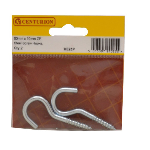 Screw Hooks - Zinc Plated - 60mm x 4.3mm - (Pack of 2)