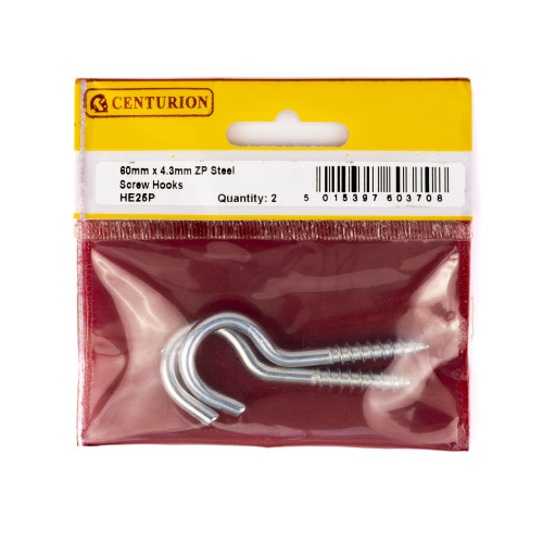Screw Hooks - Zinc Plated - 60mm x 4.3mm - (Pack of 2)